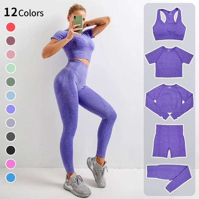 Top Trends: 2 / 5Piece Seamless Yoga Suit Women&#039;s Fitness High Waist Tight Sportswear Gym Long Sleeve Crop Top High Waist Leggings Sports Suit Shoppable Styles