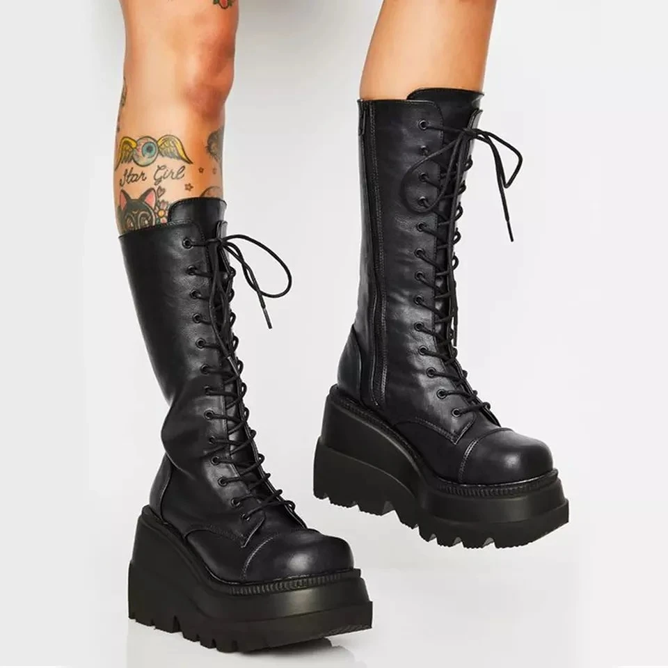 Top Trends: Punk Women Platform Boots Elastic Microfiber Chunky Heel Mid-calf Ladies Boots 2023 Spring Autumn Brand Black Goth Women Shoes Shoppable Styles