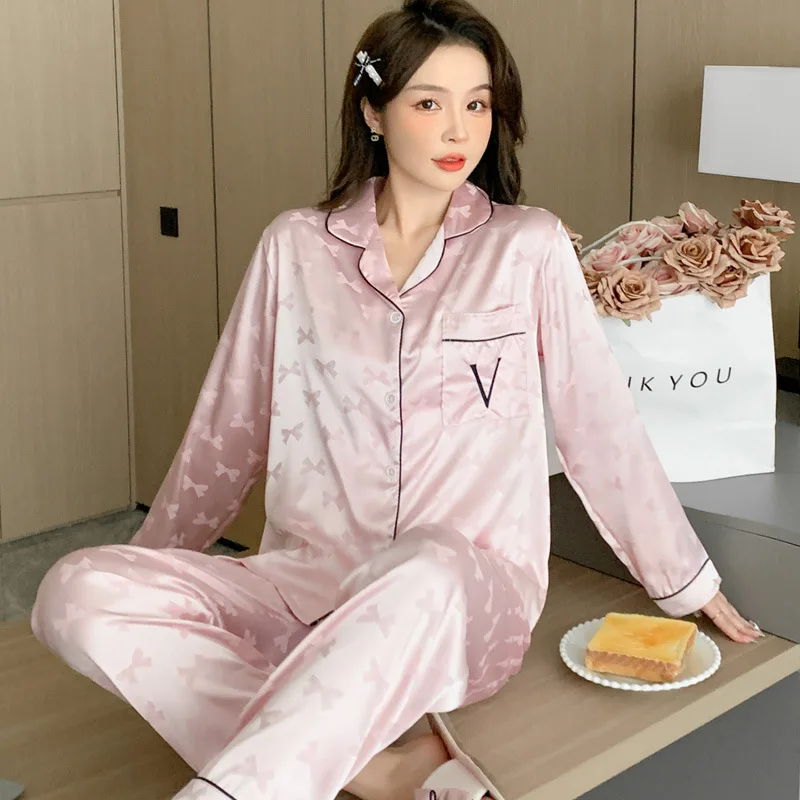 Top Trends: Women 2 Piece Pajamas Sets Bow Print Pijama Faux Silk Satin Lapel Pyjama Female Sleepwear Long Sleeve Shirt Pants Homewear Shoppable Styles