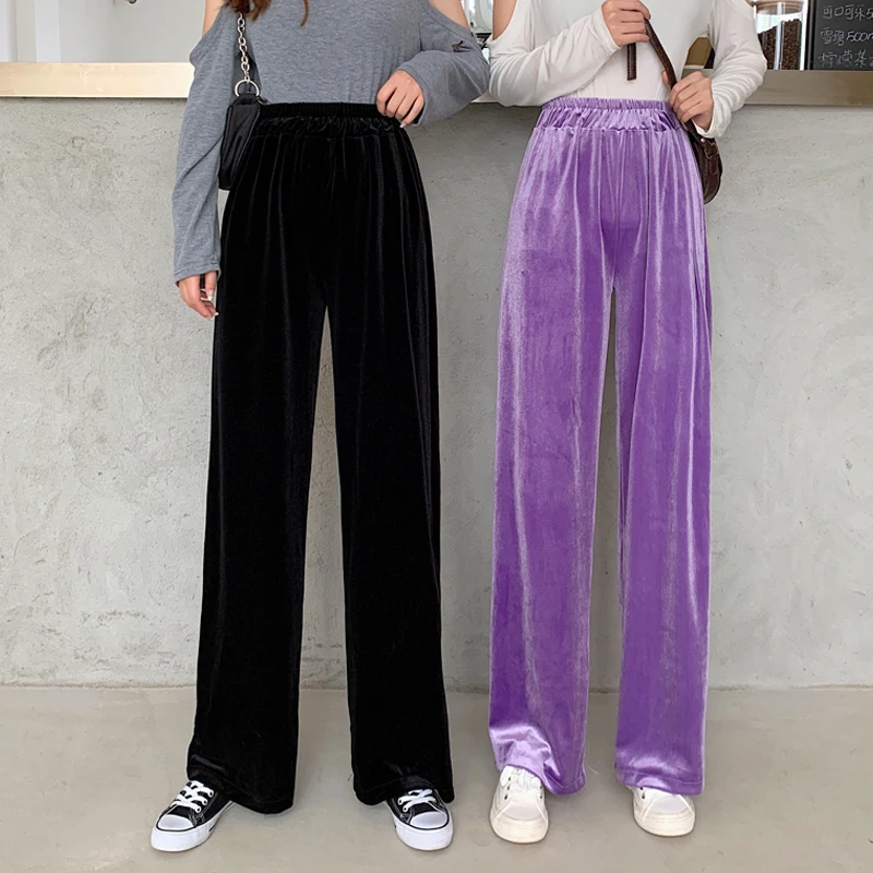 Top Trends: 2023 Autumn Straight Velour Women Pants High Waist Casual Wide Legs Pants Black Purple Loose Female Fashion Student Trousers New Shoppable Styles