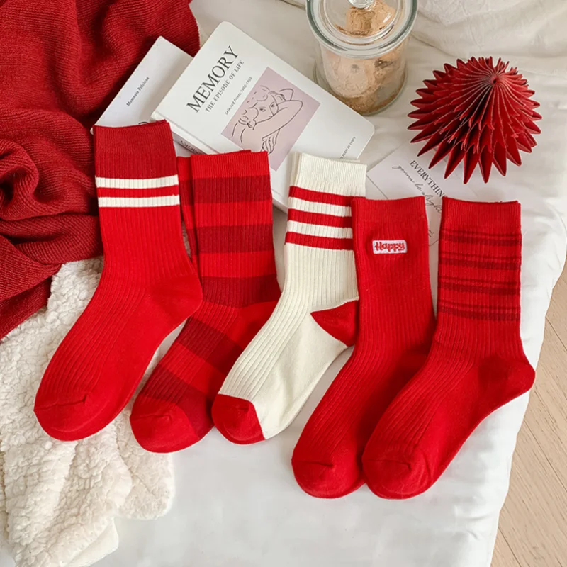 Top Trends: Red Stockings New Year Cotton Socks Middle Tube Stockings For Women Couple Socks Unisex Leisure Versatile Marry Festive Outfits Shoppable Styles