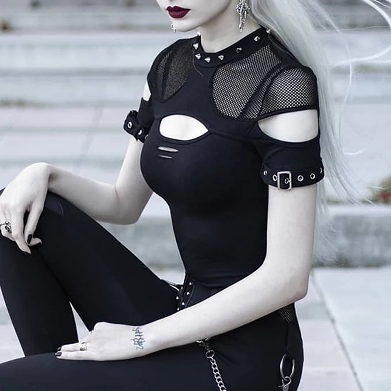 Top Trends: Goth Dark Mall Gothic Fishnet Patchwork Blouses Grunge Punk Aesthetic Hollow Out T-shirts Women Rivet Sexy Sheer Alt Streetwear Shoppable Styles