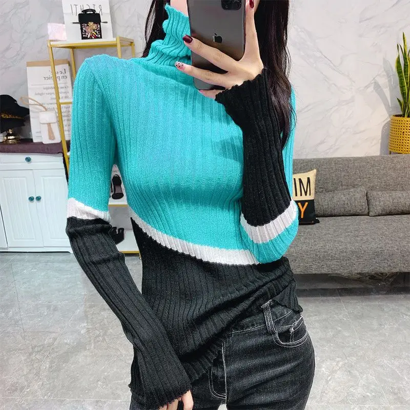 Top Trends: Stylish Turtleneck Knitted Spliced Loose Color Sweater Women's Clothing 2022 Autumn New Casual Pullovers All-match Commute Tops Shoppable Styles