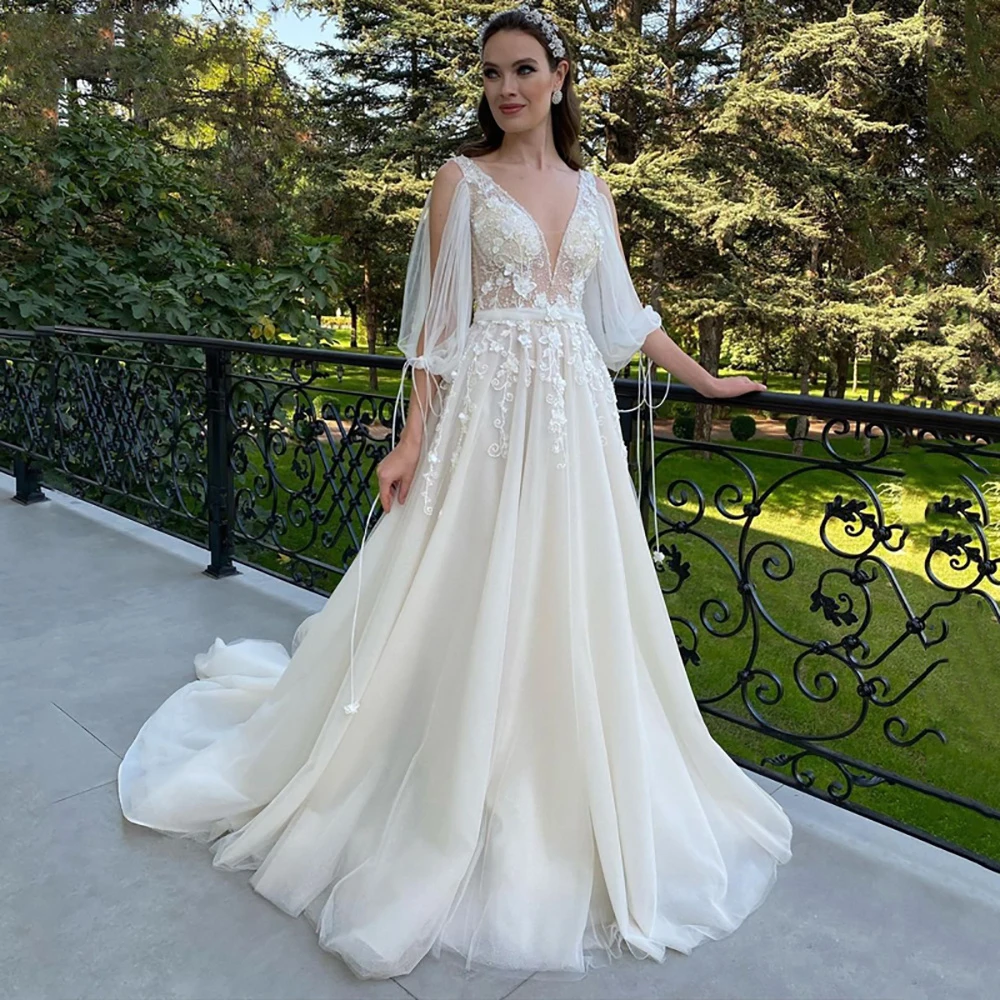 Top Trends: LAYOUT NICEB A-Line 3 / 4 Sleeve Sexy Deep V Neck Wedding Dress Open Back Tulle Lace Appliquéd Bridal Gown Boho Vestidos Custom Shoppable Styles