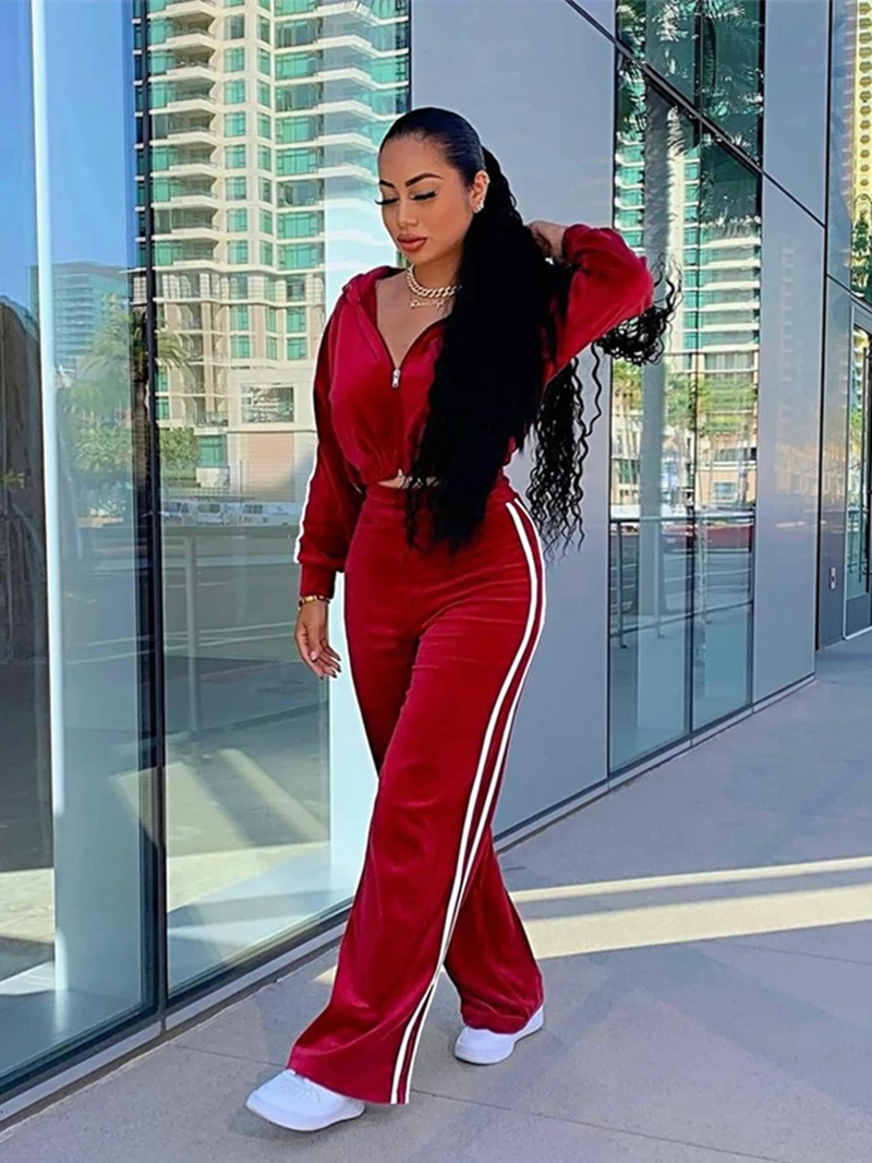 Top Trends: Fashion Two Piece Set For Women Velvet Tracksuit Fall Clothes Side Striped Hoodies Crop Top + Pants Suit Velour 2 Pieces Outfits Shoppable Styles