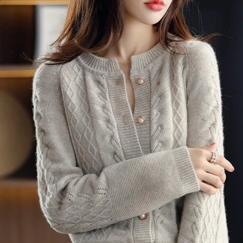 Top Trends: Solid Korean Pearl Buckle Thick O-Neck Women's Clothing Screw Thread Sweaters Single Breasted Knitting Autumn Winter Cardigan Shoppable Styles - Image 4