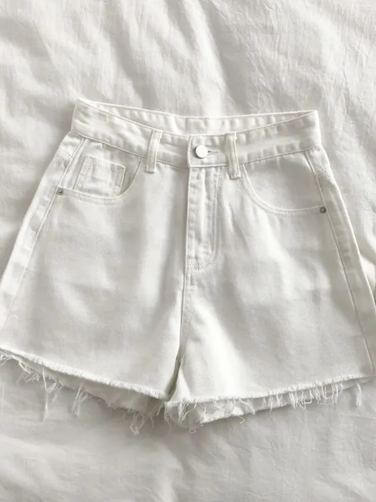 Top Trends: Korean High Waist Raw Edge Denim Shorts Women Summer Basic Button Pocket Jean Shorts For Women All-match Streetwear Denim Short Shoppable Styles - Image 4