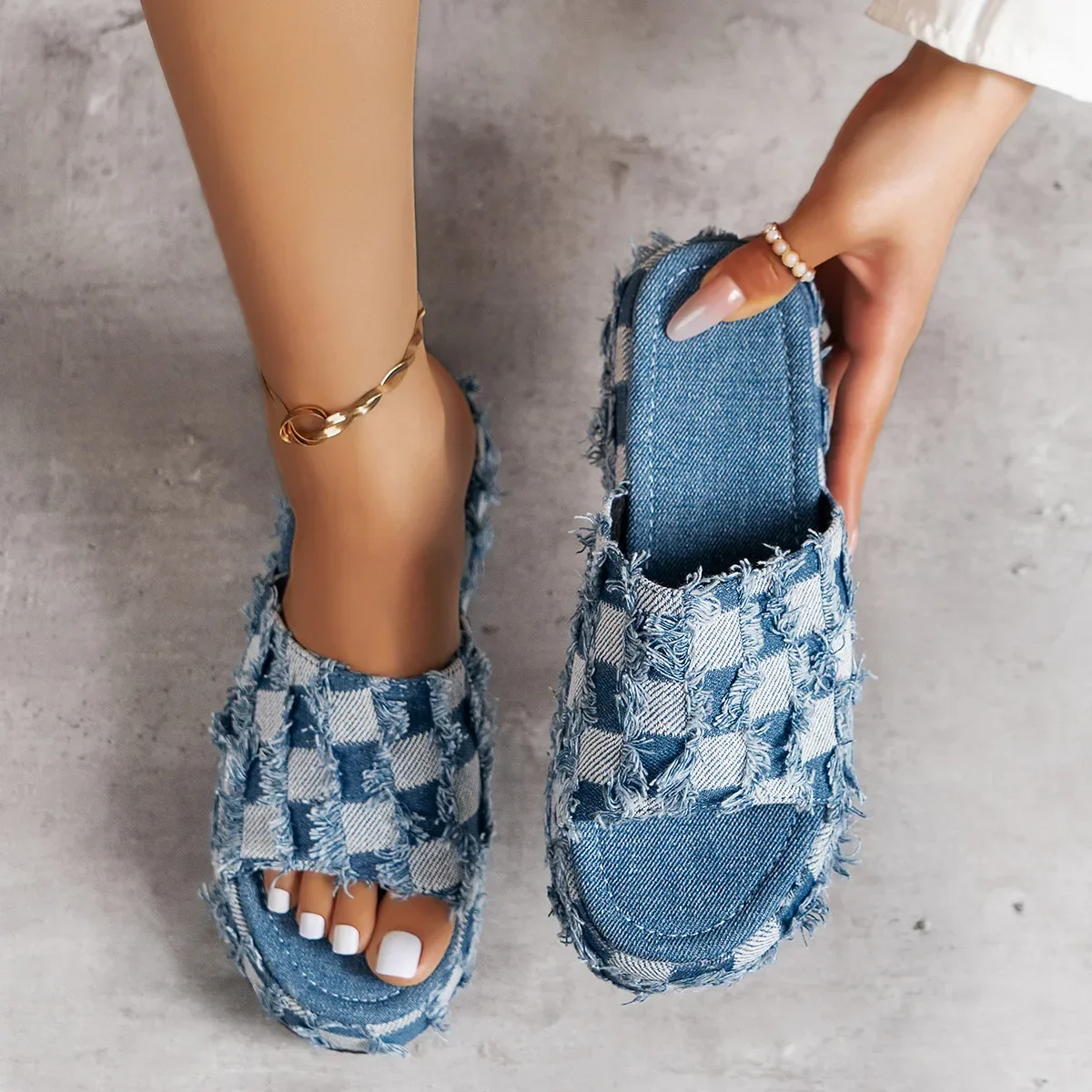 Top Trends: New Women Denim Slides Summer Sandals Women Slip On Wedges Platform Casual Open Toe Fashion Jeans Canvas Slippers Leisure Shoes Shoppable Styles