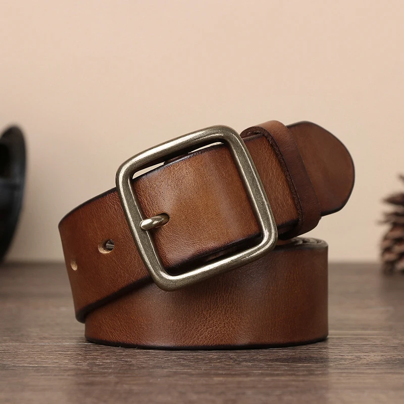 Top Trends: Vintage Luxury Handmade Leather Copper Buckle Man's Belt Cowhide Retro All-match Casual Jeans Soft Belts Lumbar Man Shoppable Styles