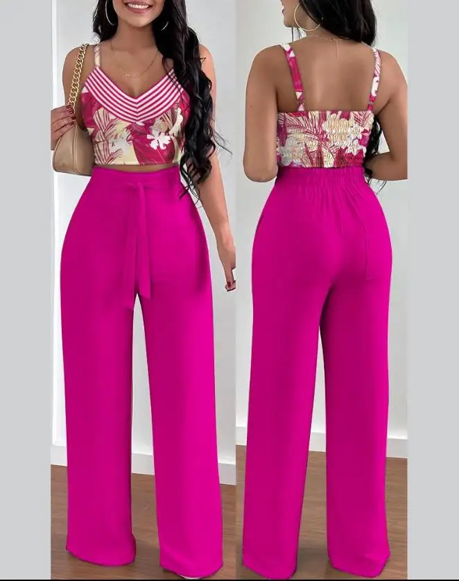 Top Trends: Two Piece Sets Women Outifit 2023 Fashion Tropical Print V-Neck Sleeveless Shirred Crop Top &amp; Casual High Waist Pocket Pants Set Shoppable Styles