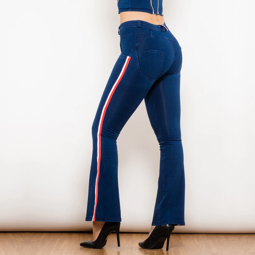 Top Trends: Shascullfites Melody Fashion White Red Side Stripe Flare Jeans Butt Lifting Female Casual Elasticity Dark Blue Denim Bell Pants Shoppable Styles