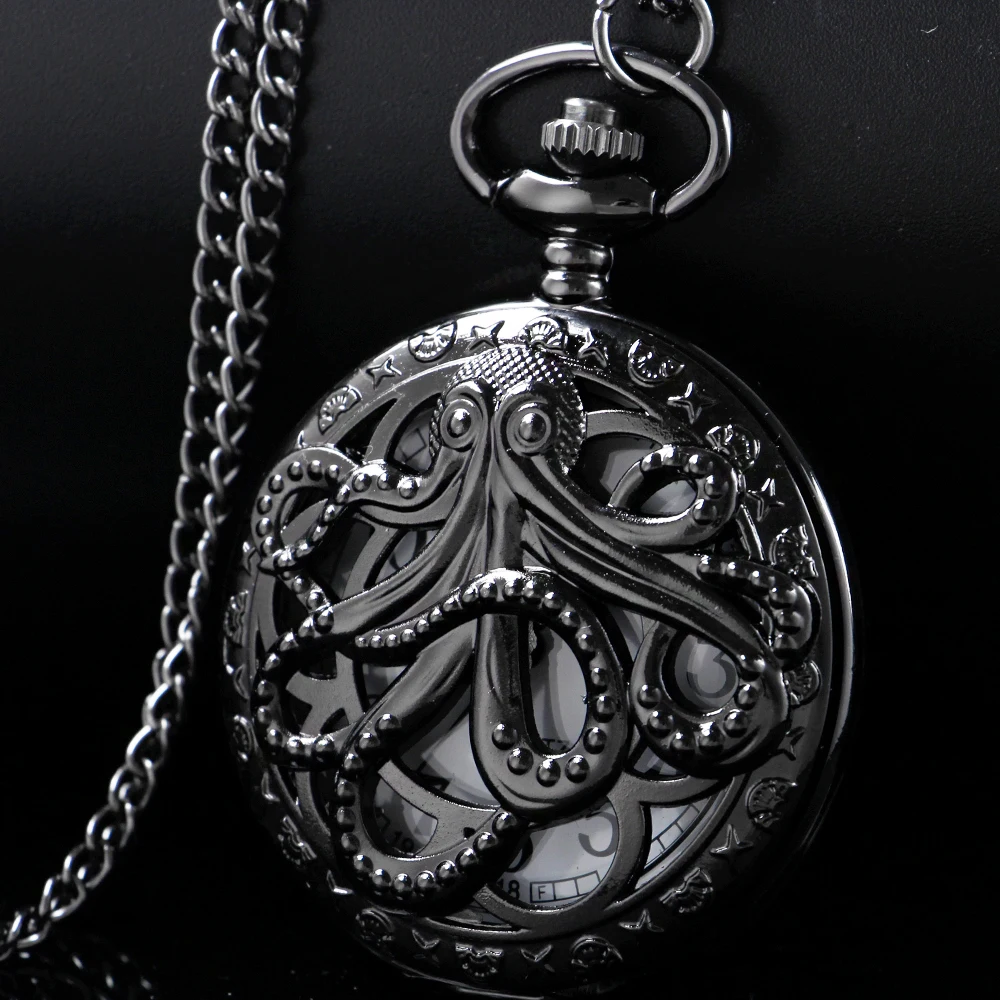 Top Trends: Vintage Dark Monster Octopus Hollow Quartz Pocket Watch Steampunk Black FOB Chain Watch Pendant Necklace Men's Children's Gift Shoppable Styles