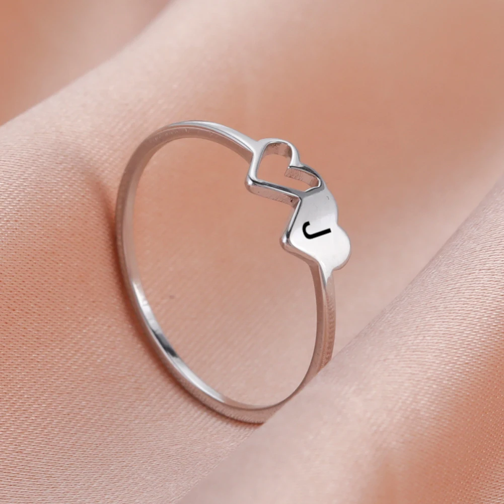 Top Trends: COOLTIME Initial Letter Ring For Women Stainless Steel A-Z Alphabet Double Heart Finger Ring Fashion Wedding Jewelry Couple Gift Shoppable Styles