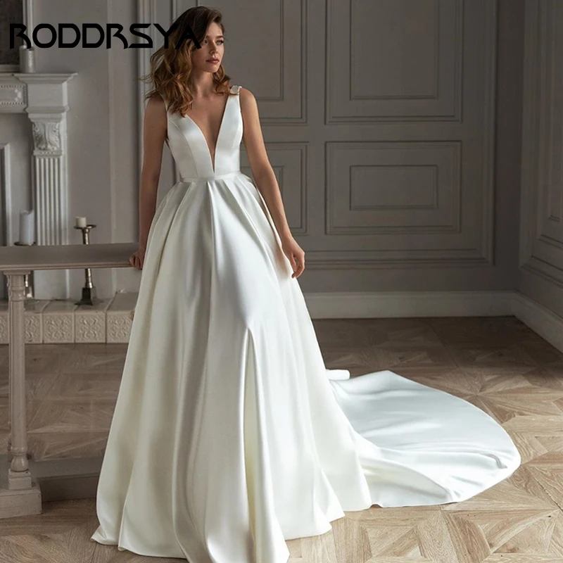 Top Trends: RODDRSYA Elegant Backless Satin Wedding Dress V-Neck Plain Draped Bridal Gowns Vestido Customize White A-Line Robe De Mariée Shoppable Styles