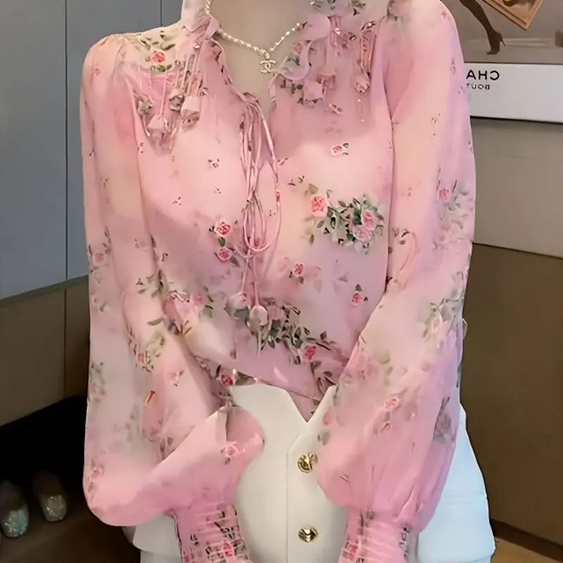 Top Trends: Korean Broken Flowers Printed Blouse Fashion Tassel Three-dimensional Decoration Female Clothing V-Neck Spring Drawstring Shirt Shoppable Styles