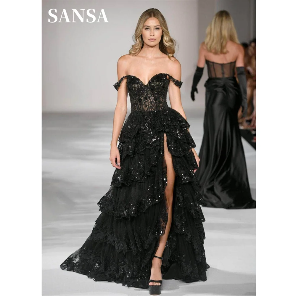 Top Trends: Sansa Luxury Gliiter Lace Prom Dress Black Embroidery Lace Vestidos De Noche Sexy Off Shoulder Edge Curl فساتين سهره فاخره Shoppable Styles