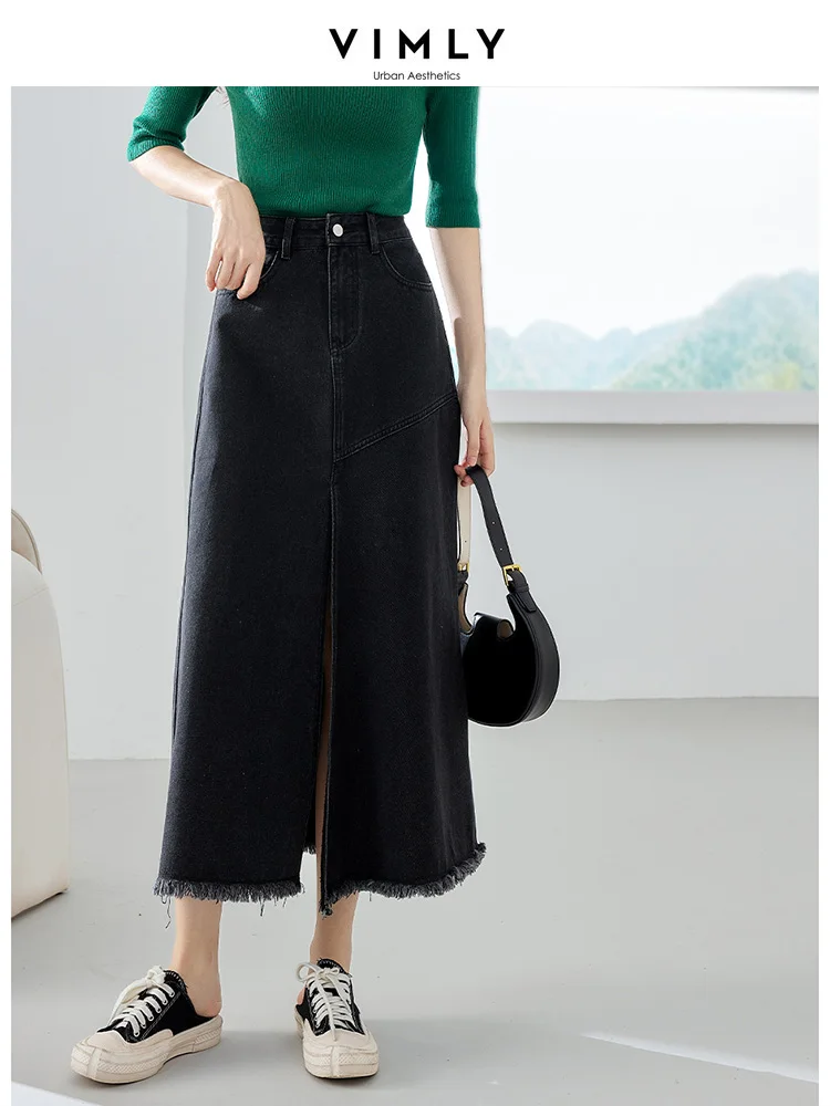 Top Trends: Vimly Black Denim Maxi Skirt For Women Fashion 2023 Autumn Elegant High Waist Split Tassel Hem A Line Long Jeans Skirt 72295 Shoppable Styles - Image 3