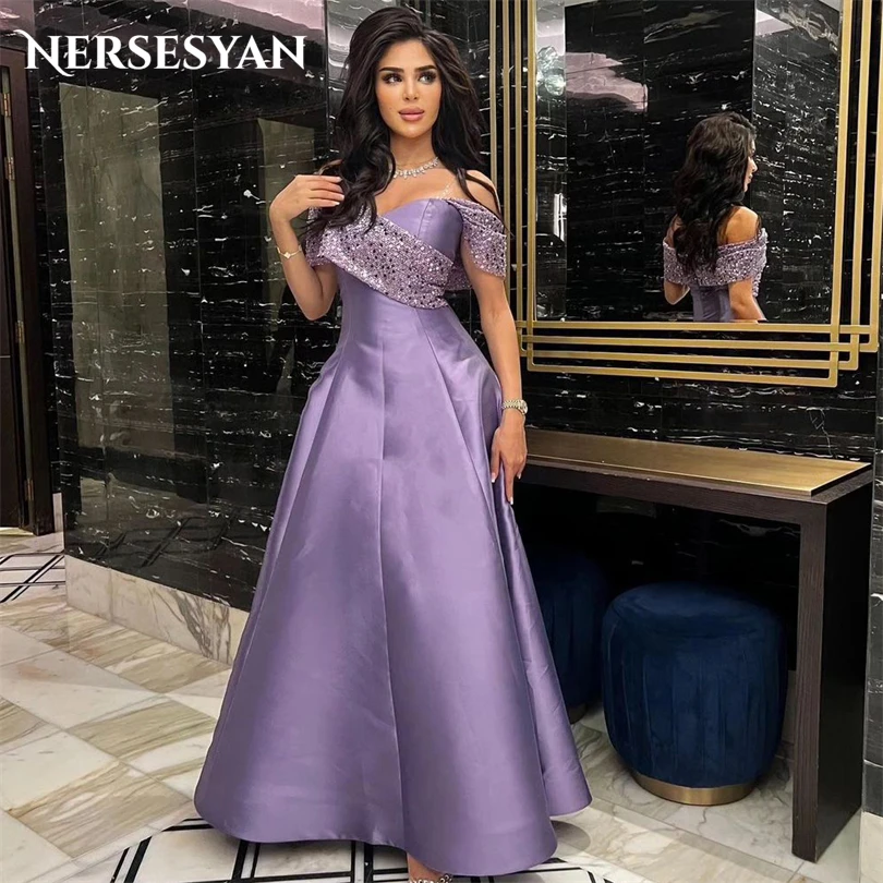 Top Trends: Nersesyan Purple Glitter Sequins Formal Evening Dresses Off The Shoulder Satin Sexy Prom Gowns A Line Long Vestidos De Fiesta Shoppable Styles