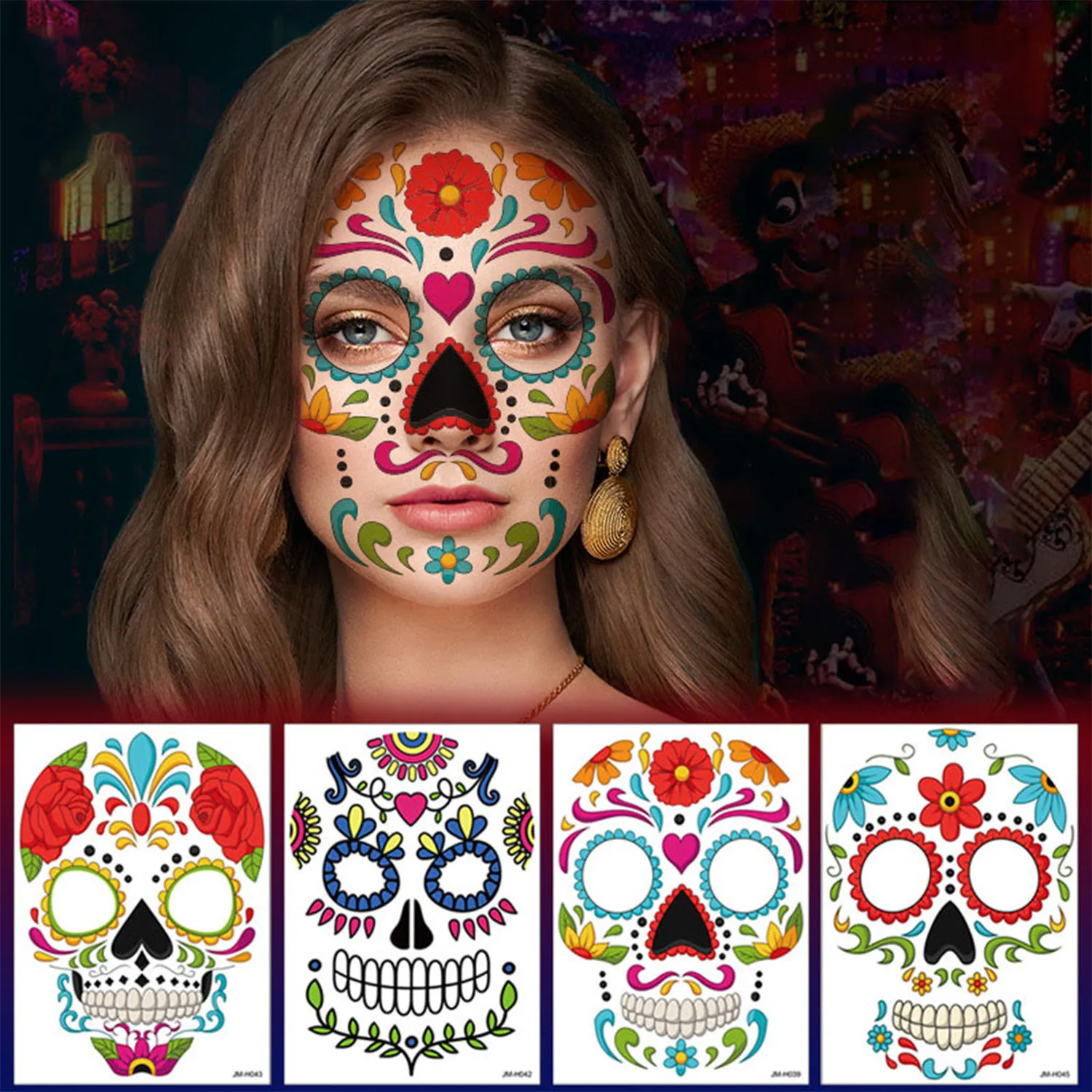 Top Trends: 5 Sheets Halloween Temporary Face Tattoos, Day Of The Dead Sugar Skull Floral Black Skeleton Web Full Face Mask Stickers Tattoo Shoppable Styles