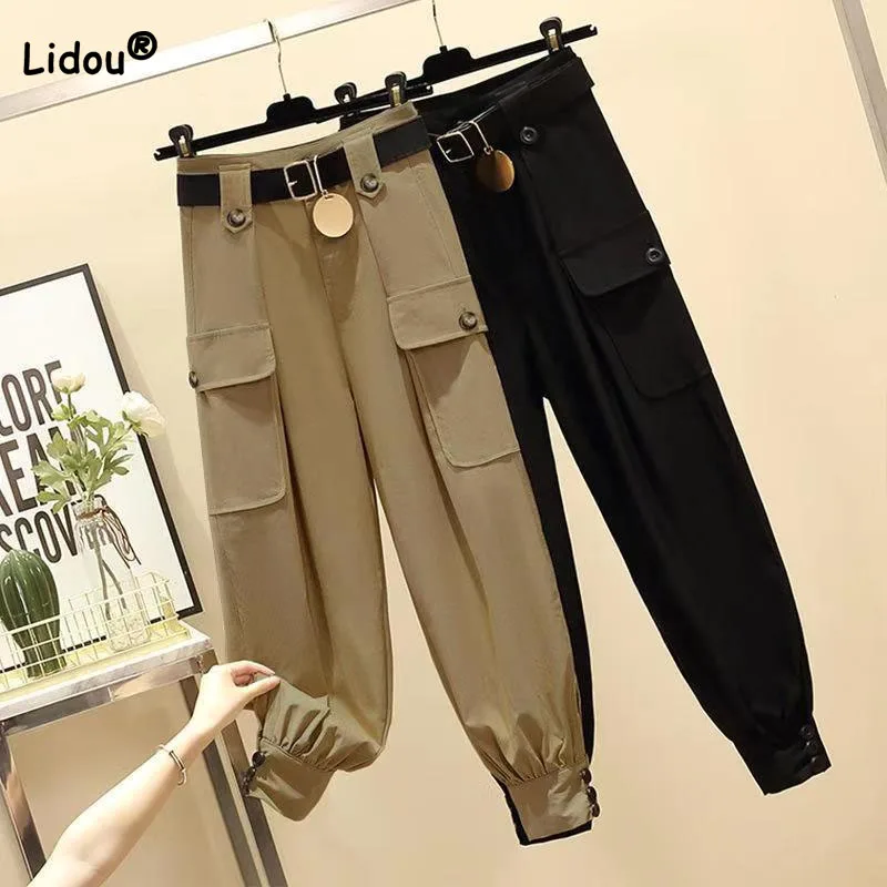 Top Trends: Fashionable Korean Solid Color Cargo Pants Women&#039;s Clothing Spring Autumn Casual All-match Pockets Spliced Trousers For Female Shoppable Styles