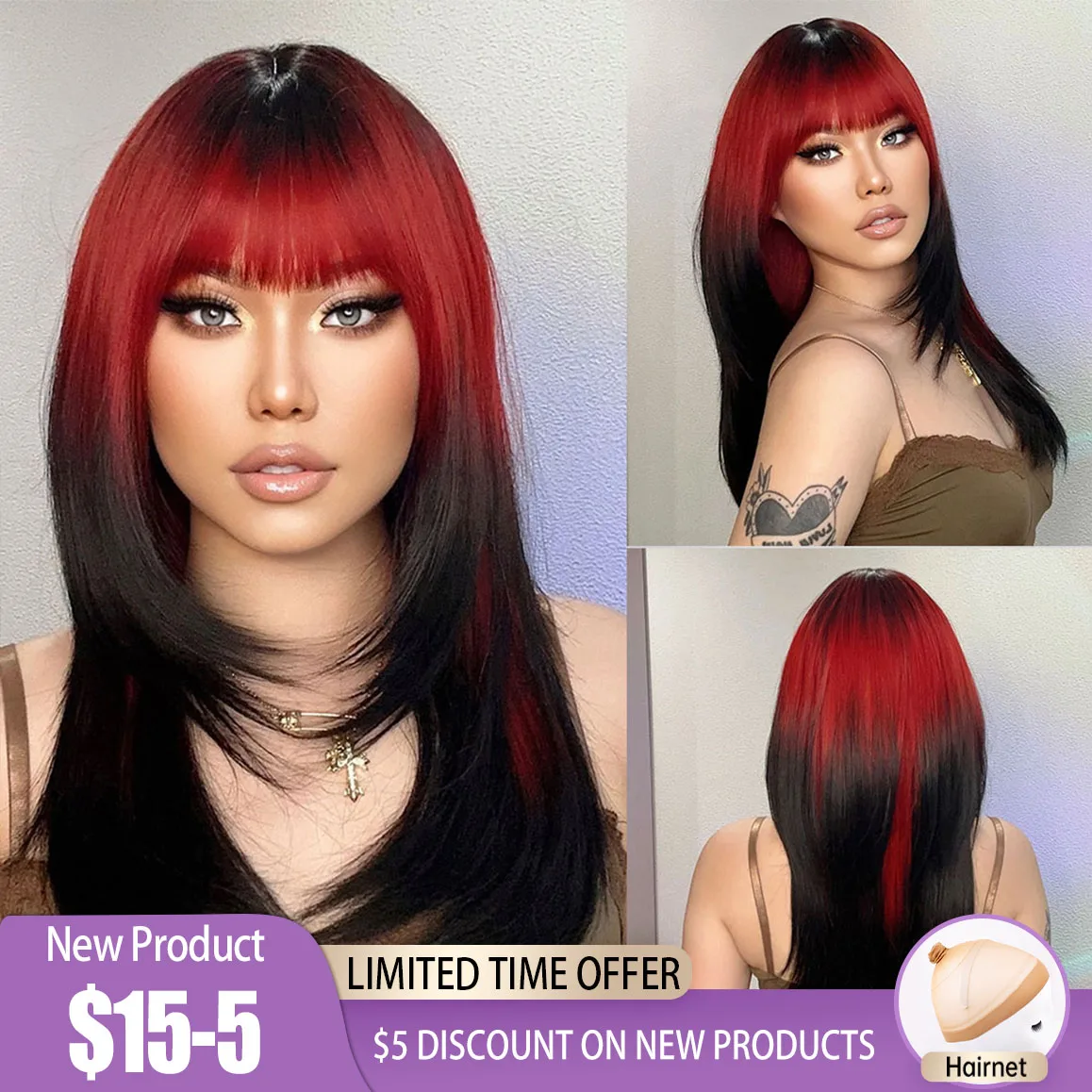 Top Trends: HENRY MARGU Ombre Red To Black Synthetic Wigs With Bangs Long Straight Layered Wig Colored Party Heat Resistant Hair For Women Shoppable Styles