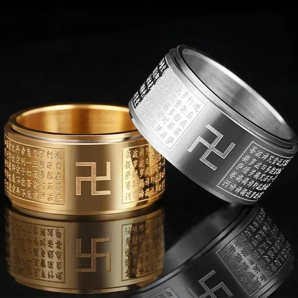 Top Trends: Cool Stainless Steel Rotatable Buddhism Men Anxiety Fidget Ring Spinner Buddhism Heart Sutra Classic Believer Jewelry Wholesale Shoppable Styles