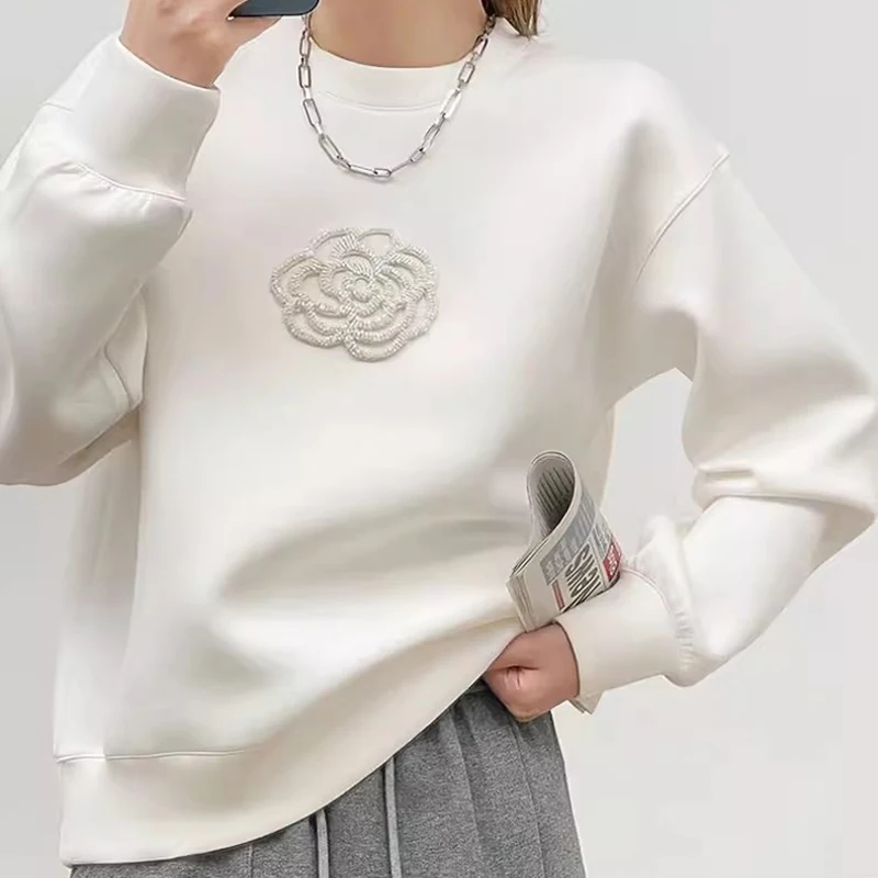 Top Trends: Fashion Black White O Neck Sweatshirt Patchwork Top Autumn Winter Kawaii Flower Long Sleeve Comfort Casual Shoppable Styles