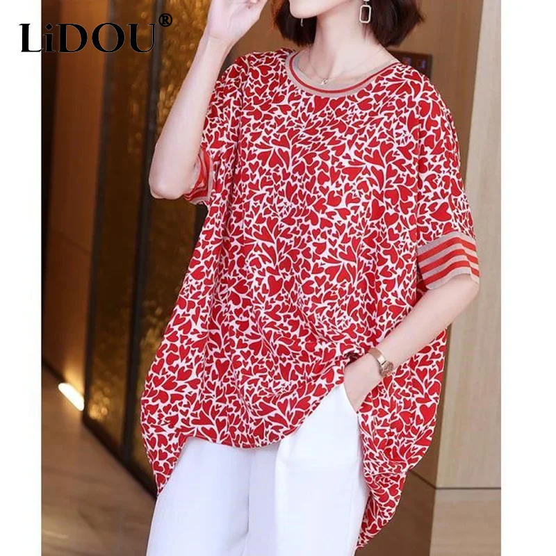 Top Trends: 2023 Summer Oversize Women's Clothing Lace Patchwork Round Neck Printing Long Tops Women Fashion Casual Asymmetrical T-shirt Shoppable Styles