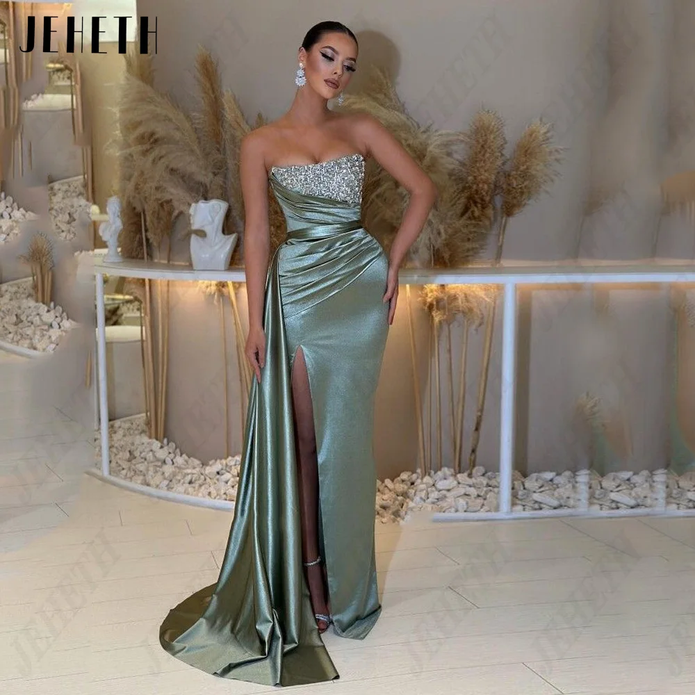 Top Trends: JEHETH Mermaid Prom Dresses Detachable Train Strapless Sleeveless Party Dress Sexy Satin Side Split Beading Vestidos De Gala Shoppable Styles