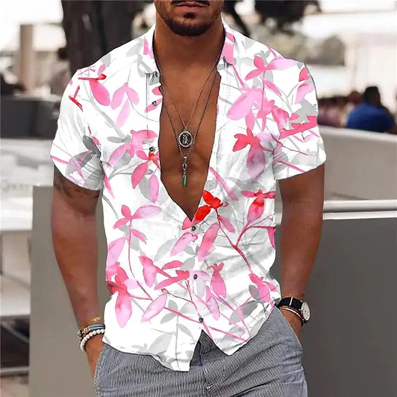 Top Trends: Summer New Men&#039;s Hawaiian Shirts Maple Leaf Print V-neck Shirts For Men Button-up Short Sleeve Tops Streetwear Trend Men Clothes Shoppable Styles