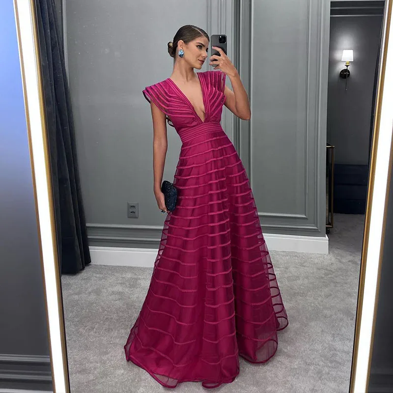 Top Trends: Fuchsia V Neck Backless Sexy Evening Dresses Cap Sleeves Floor Length Prom Dress Women Party Special Occasion Dress Shoppable Styles