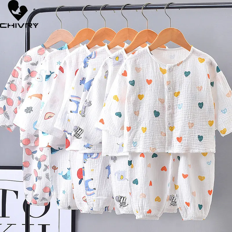 Top Trends: Kids Boys Girls Pajamas 2023 Summer Cotton Linen Thin Cartoon Three-quarter Sleeve Tops With Pants Baby Sleeping Clothing Sets Shoppable Styles