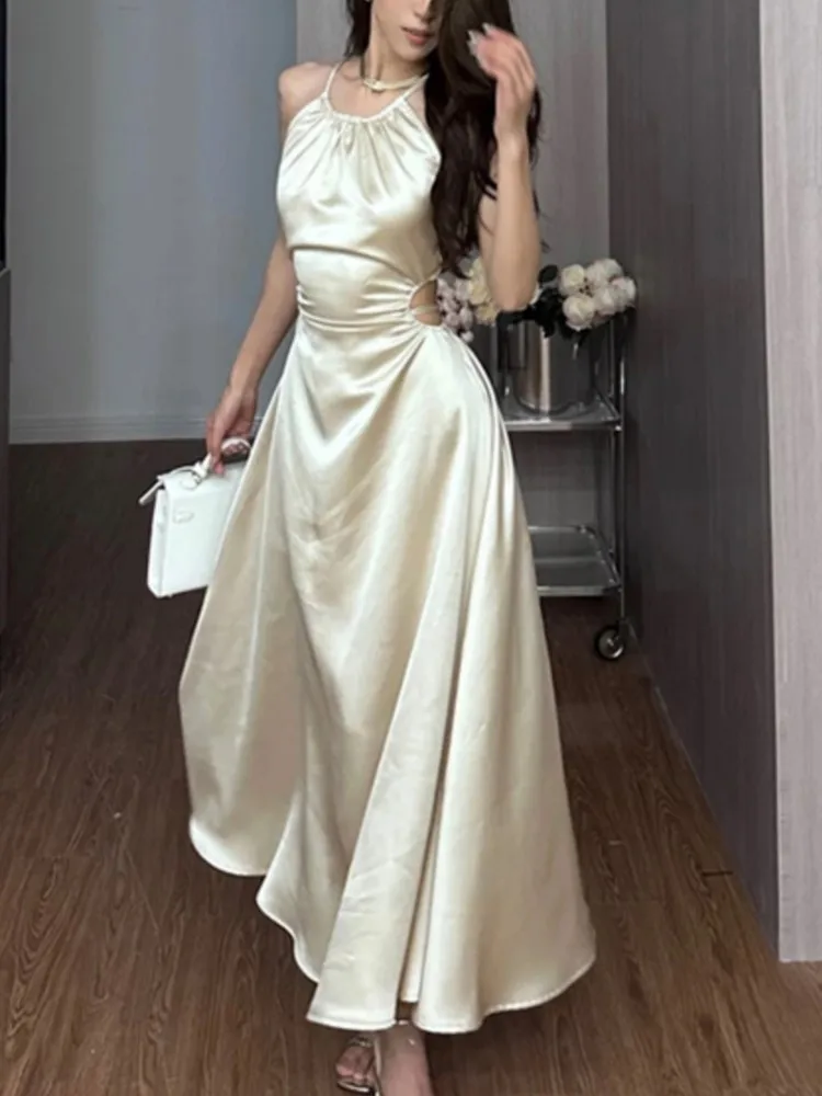 Top Trends: Vintage Satin Midi Dresses For Women 2023 New Summer French Fold Hollow Out Elegant Prom Fashion Slim Casual Female Clothes Robe Shoppable Styles