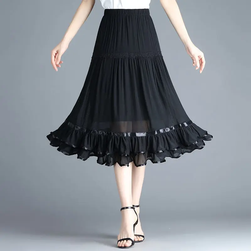 Top Trends: Elegant Vintage Women Mesh Black Midi Skirt Office Lady Fashion New High Waist Koreon Spring Summer Slim Casual Pleated Skirts Shoppable Styles