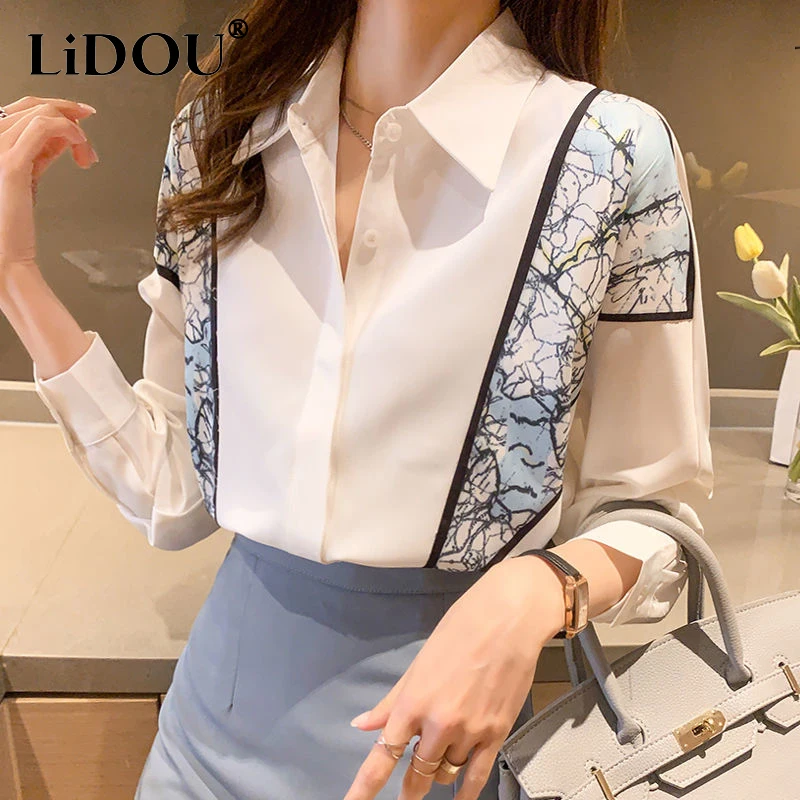 Top Trends: Spring Summer Polo-neck Elegant Fashion Printing Chiffon Shirt Ladies Long Sleeve Temperament All-match Buttons Blouse Top Women Shoppable Styles