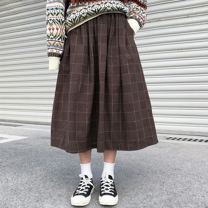 Top Trends: HOUZHOU Japanese Style Long Skirts Women 2023 Autumn Winter Plaid High Elastic Waist Loose A-line Pleated Skirt Vintage 2 Colors Shoppable Styles - Image 4