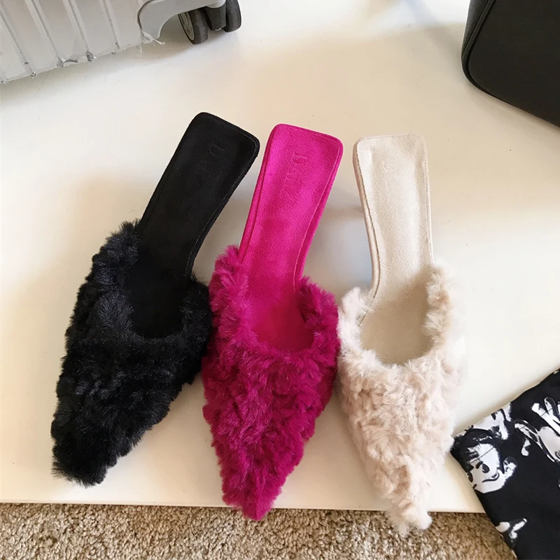 Top Trends: Luxury Kitten Heel Furry Mule Slides Women Rose Pink Sexy Slippers Ladies Pointy Toe Stiletto Plush Sandals Winter Party Shoes Shoppable Styles