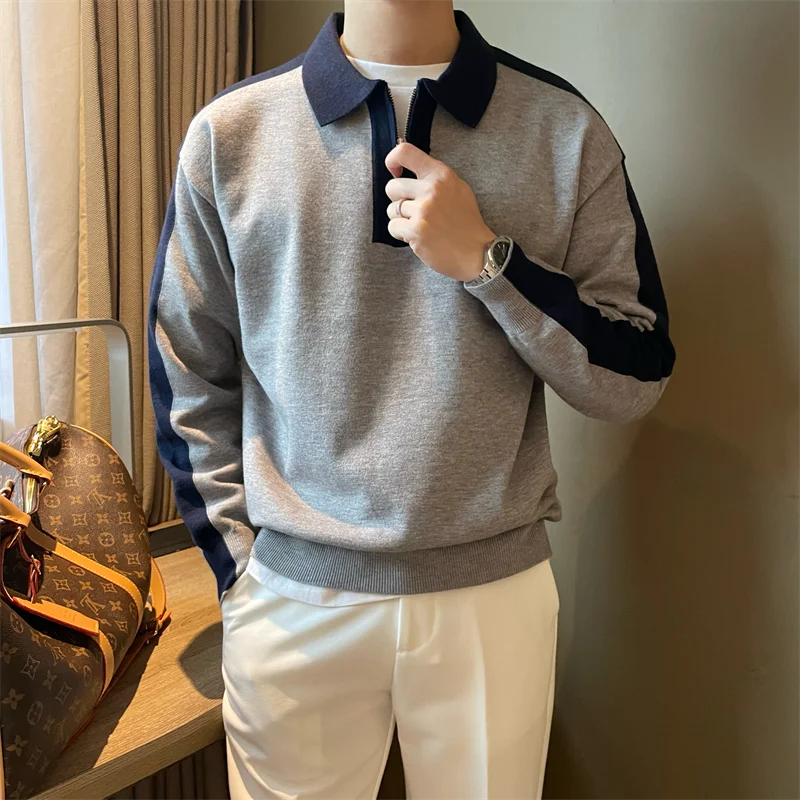 Top Trends: 2023 Autumn And Winter Men's Patchwork Long Sleeved Contrast Color Long Sleeve Knitted Lapel Zipper Trendy Pullover Sweater Tops Shoppable Styles - Image 3