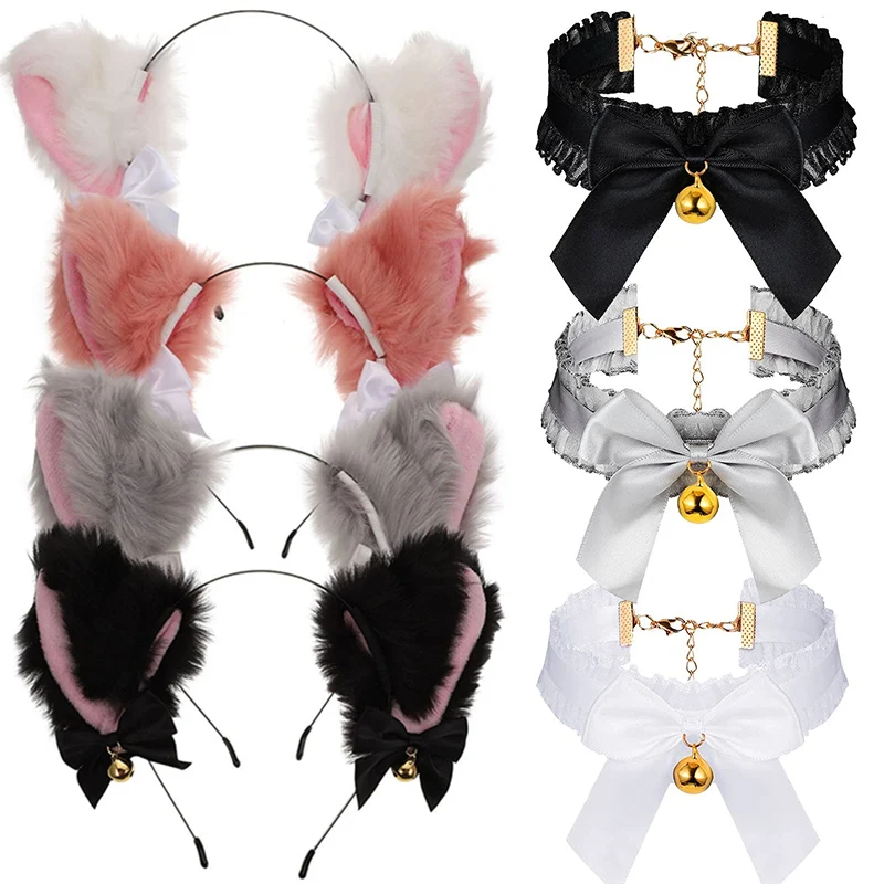 Top Trends: Cat Ears Bow Headband Necklace Rabbit Plush Furry Animal Ears Hairband For Girl Women Masquerade Party Headwear Hair Accessories Shoppable Styles