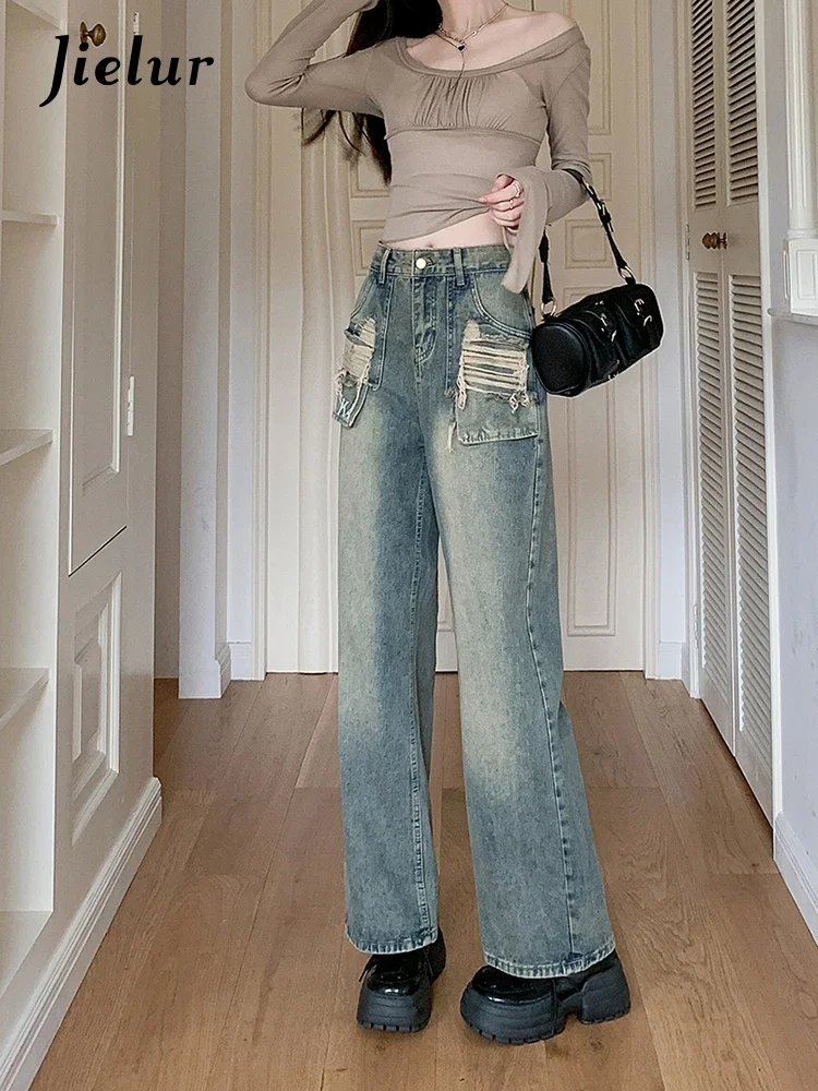 Top Trends: Jielur Ins Vintage Holes Slim Women Jeans Autumn New High Waist Loose Chicly Woman Jeans Fashion Casual Wide Leg Pants Female Shoppable Styles