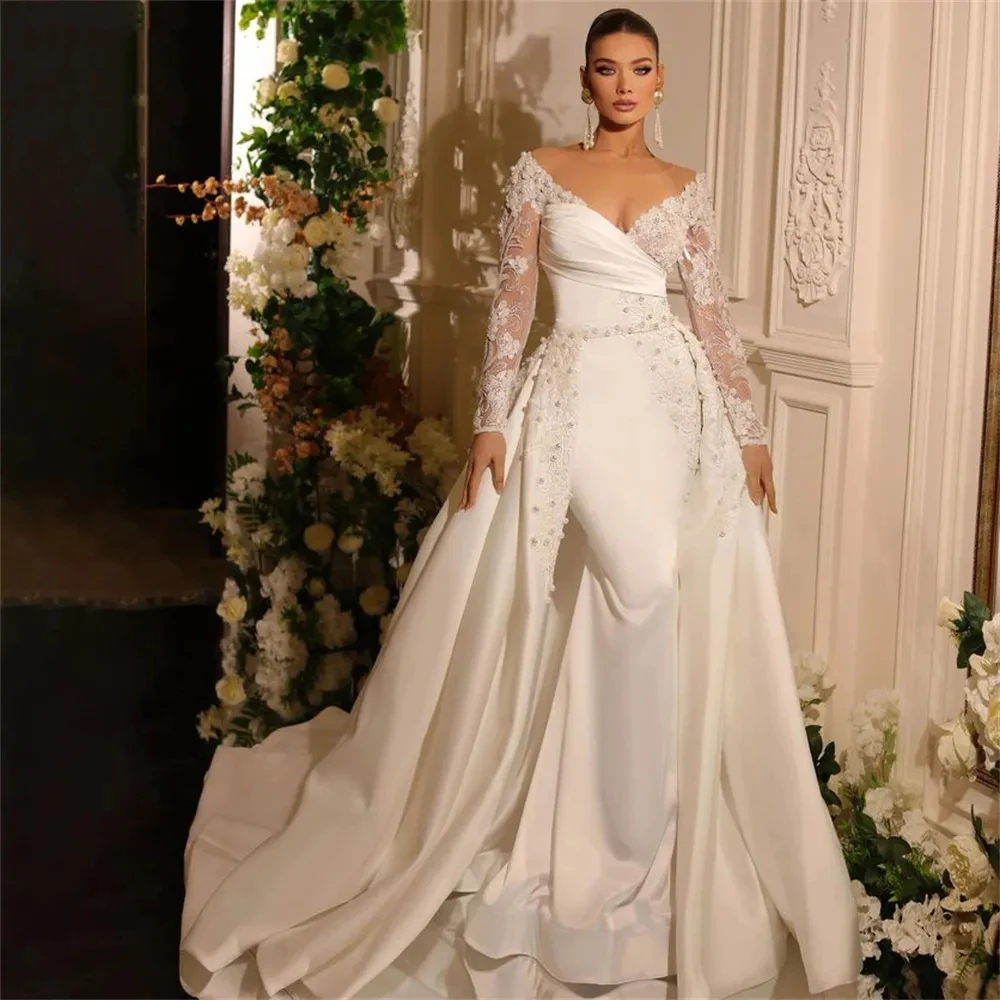 Top Trends: Beautiful A Line Wedding Dresses Gorgeous Satin Deep V-neck Lace Appliques Slimming Beautiful Mopping Beach Bridal Gown 2023 Shoppable Styles