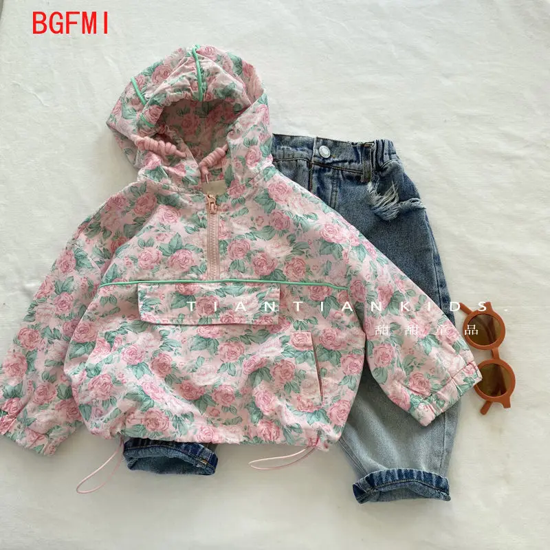 Top Trends: 90-130cm Children's Pink Floral Flower Hooded Coat Toddler Girls 2023 Autumn Girls' Korean Pullover Windproof And BreathableTop Shoppable Styles