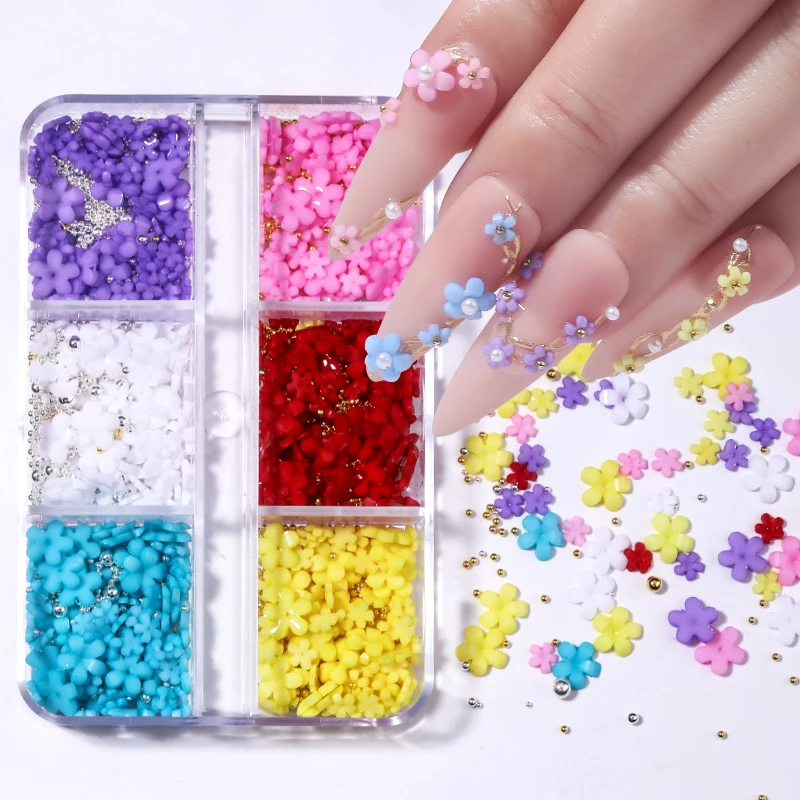 Top Trends: 6 Grids 3D White Acrylic Flower Nail Parts Mixed Steel Beads Charms Design Nail Art Decoration DIY Manicure Jewelry SP0363 Shoppable Styles