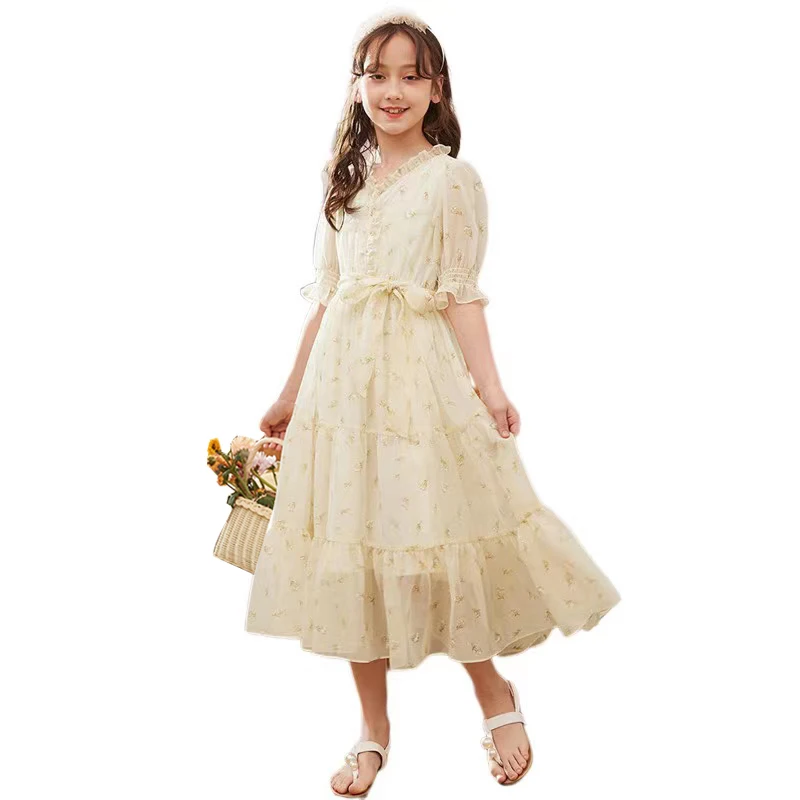 Top Trends: Girls 2023 Summer New Dress Youth Chiffon Waist Princess Skirt Children Pastoral Style Clothes 6 8 10 12 14 16 Years Shoppable Styles