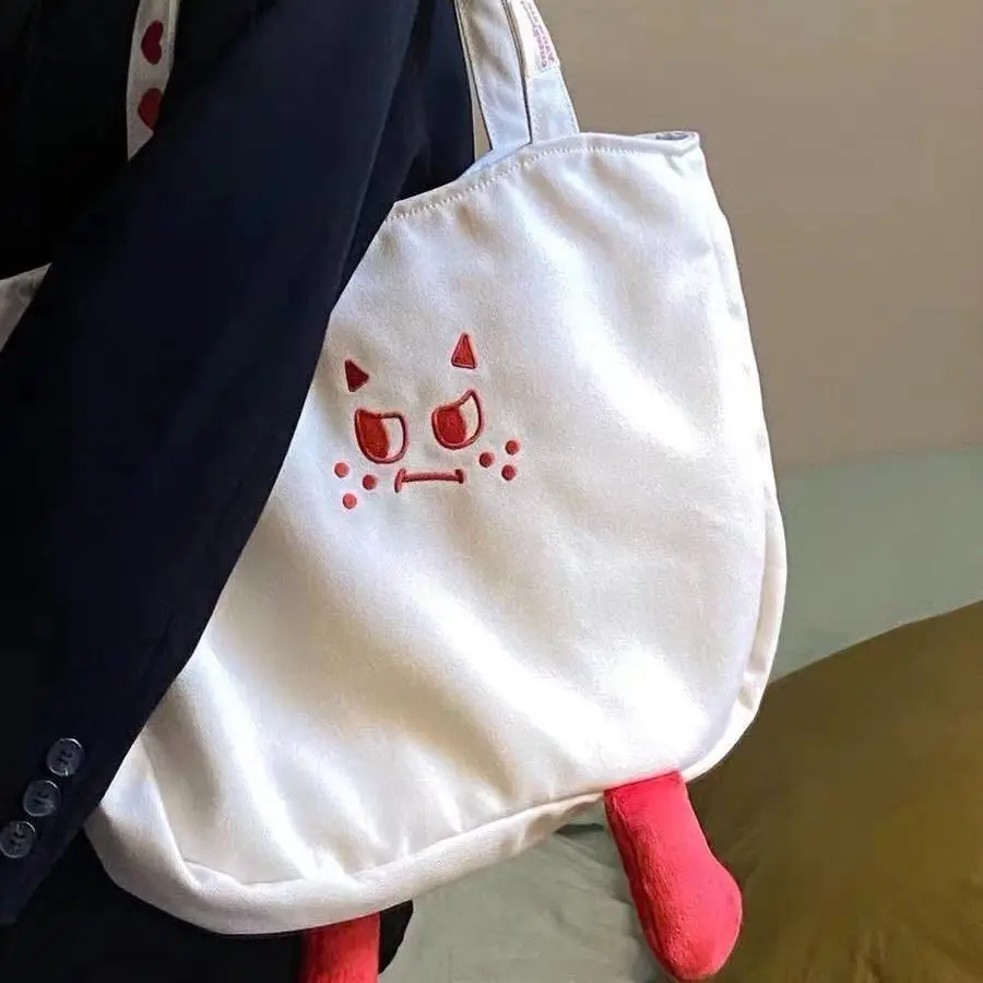 Top Trends: Korean Y2k Cute Ghost Embroidery Shoulder Bag Red Feet Little Monster Handbag Large Capacity Canvas Tote Bag Student Schoolbag Shoppable Styles