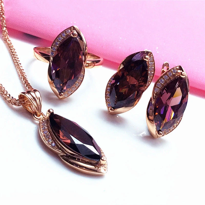 Top Trends: 585 Purple Gold Plated 14K Rose Gold Inlaid Marquise Ruby Women&#039;s Jewelry Set New Classic Luxury Wedding Earrings Rings Shoppable Styles