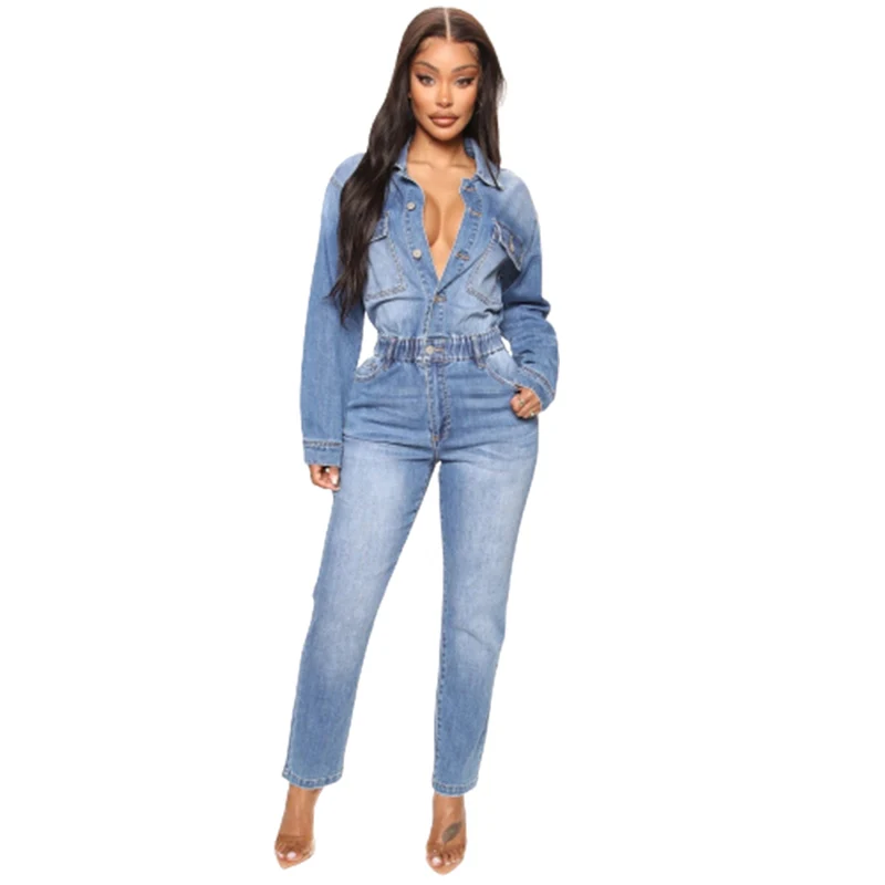 Top Trends: Women Chest Splicing Double Pocket Button Half-open Jumpsuit Stretch Pencil Jeans Lady Slim Fit Elasticated Waist Denim Rompers Shoppable Styles