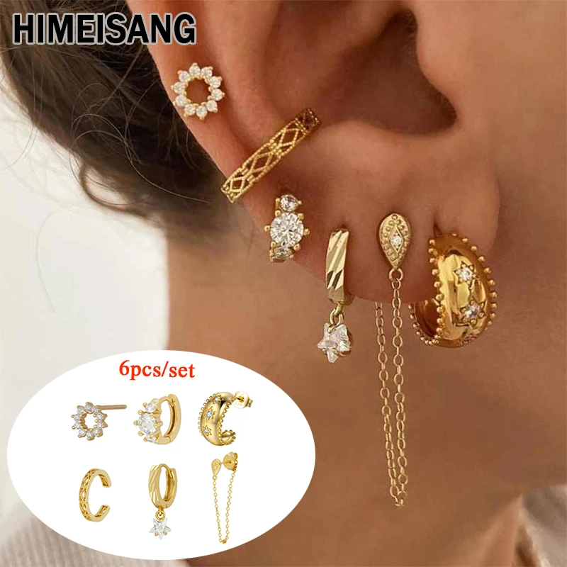 Top Trends: HIMEISANG Wholesale 925 Sterling Silver Earcuff Star Zircon Golden Hoop Earrings For Women Fashion Dangle Stud Earrings Jewelry Shoppable Styles