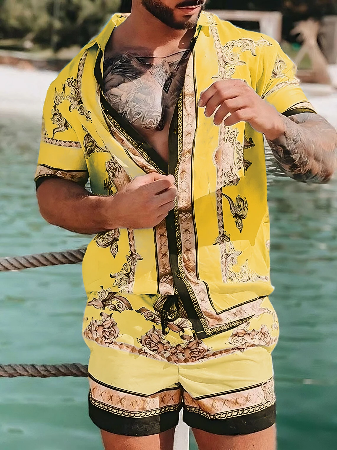 Top Trends: Fashionable Men's T-shirt Short-sleeved Shorts Suit Beach Casual Printed Street Summer 2024 New Suit Top 2-piece Set Shoppable Styles - Image 3