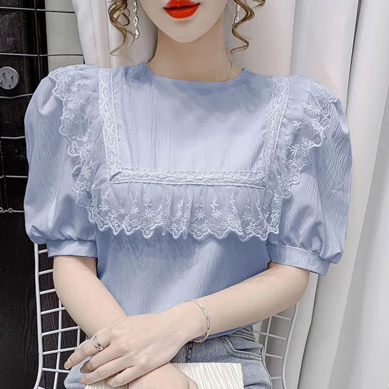 Top Trends: Sweet O-Neck Spliced Lace Ruffles Puff Sleeve Blouse Women&#039;s Clothing 2023 Summer New Casual Pullovers Loose Short Sleeve Shirt Shoppable Styles